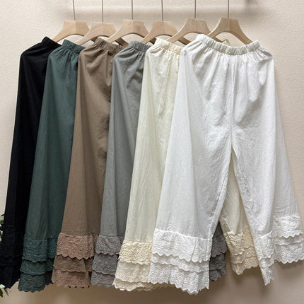 Japanese Women's Sweet and Fresh Wide-leg Pants Multi-layer Lace-trimmed Casual All-match Leggings Cotton and Linen Loose Ankle-length Pants