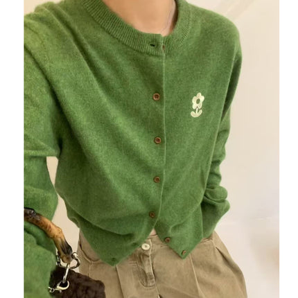 Korean Fashion Casual Green Tops for Women 2025 Autum Round Neck Embroidered Sweater Jacket Long-Sleeved Knitted Cardigan for Women