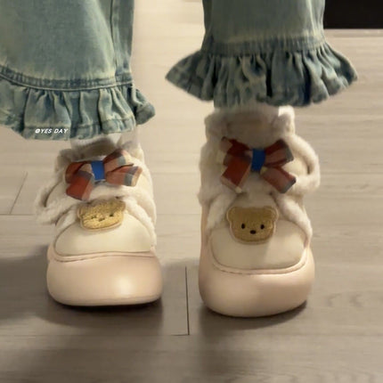 Cute Bear Plush Warm Cotton Shoes for Women 2026 Winter New Sweet Bow Thick-Soled Snow Boots with a Stepping-On-Clouds Feel