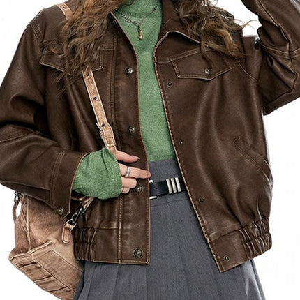 Maillard Leather Coat Women's 2024 Autumn New Fashion American Retro Tooling Elegant Short Coat