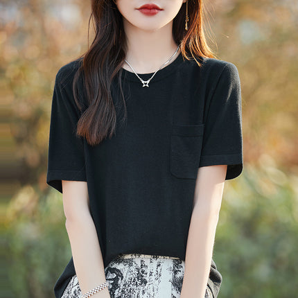 24 New Summer ShorT-sleeved T-shirT Women's Round Neck Pullover Simple Half-sleeved T-shirT Fine ImiTaTion Wool KniTTed Top Loose