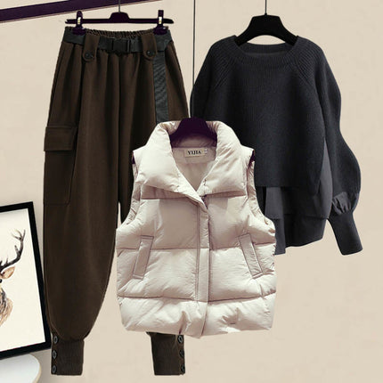 plus size women's autumn and winter suit women's 2024 new style cotton vest top women's slim work pants three-piece set