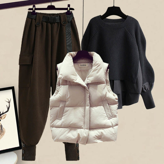 plus size women's autumn and winter suit women's 2024 new style cotton vest top women's slim work pants three-piece set
