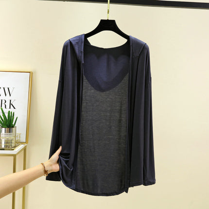 Modal Hooded Cardigan Women's Summer 2025 Thin Long-sleeved Air-conditioning Shirt Loose Sun-protective Clothing Solid Color Top Jacket