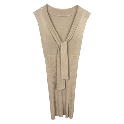 South Korea's Dongdaemun Slimming Look, Sexy and Feminine Figure-Showing Ribbon Sleeveless Hip-Covering Knitted Dress