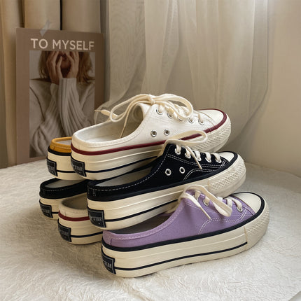 Thick-Soled Canvas Shoes, Half-Flop Women's Shoes, White Shoes for Women, 2025 Spring New Style, Heelless Slip-On Half-Stepping Lazy Shoes for Women