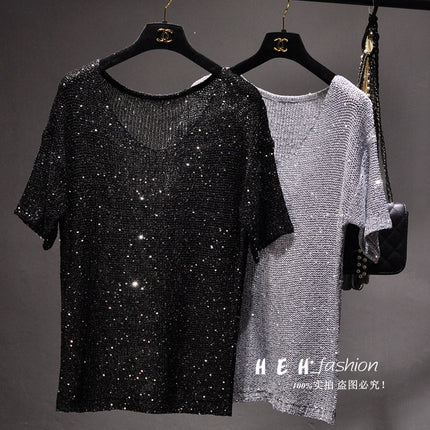 Han Eun's Thin Gold Silk Sequin Hollow Loose plus size Pullover Knitted Sunscreen Blouse V-Neck Short-Sleeved Top