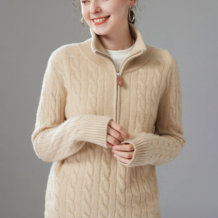 Autumn and Winter New Cashmere Sweater for Women, Loose Slimming Half-Zip Crew Neck Cable Knit Thick Sweater Trendy