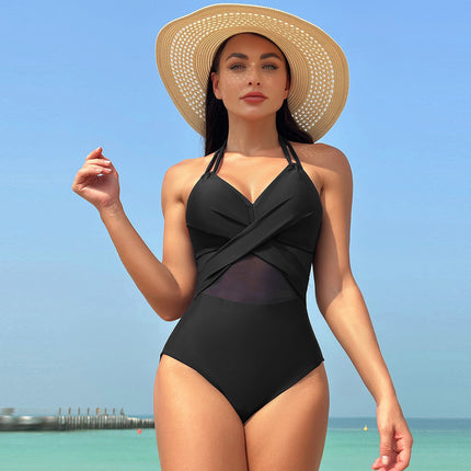 2025 New European and American Amazon Cross-Border One-Piece Swimsuit Solid Color Mesh Bikini Quick-Dry
