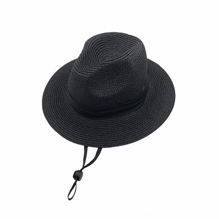 Panama Men's and Women's Straw Top Hat with Three-fold Ribbon Removable Windproof Rope Paper Weaved Straw Sun Hat Sunscreen Big Edge Straw Hat