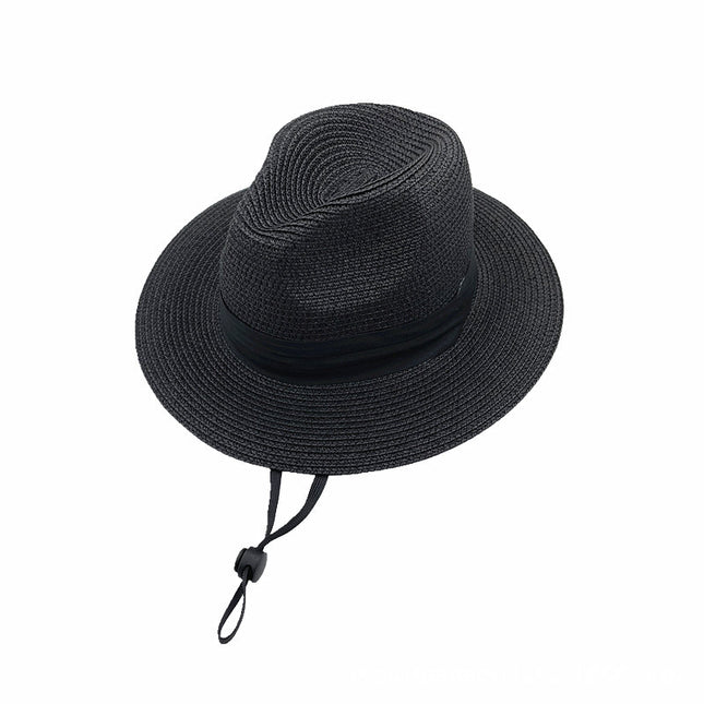 Panama Men's and Women's Straw Top Hat with Three-fold Ribbon Removable Windproof Rope Paper Weaved Straw Sun Hat Sunscreen Big Edge Straw Hat