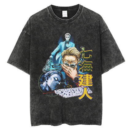 Huge Anime Flat Print Couple T-Shirt Washed Black Streetwear
