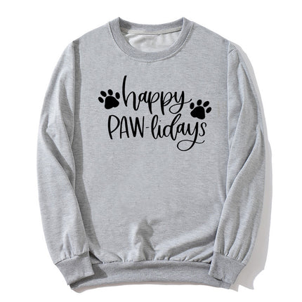 in stock Foreign Trade Cross-border Dog Feet Happy Pawlidays Printed Crewneck Sweat European and American Autumn and Winter Men's and Women's Top