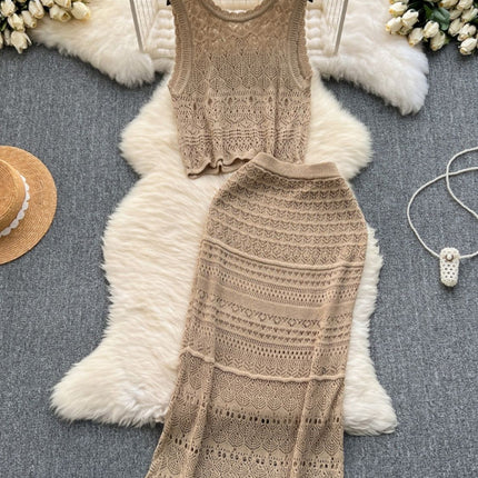 Korean Style Outfit with Elegant and Light Hollow Knitted Cardigan Vest and High-Waisted Half Skirt Holiday Style Two-Piece Set
