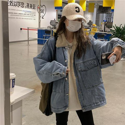 Women's Denim Jacket with Faux Rabbit Fur Lining, 2025 Winter New Korean Style, Loose Ins Street Fashion Cotton Coat Trendy Top
