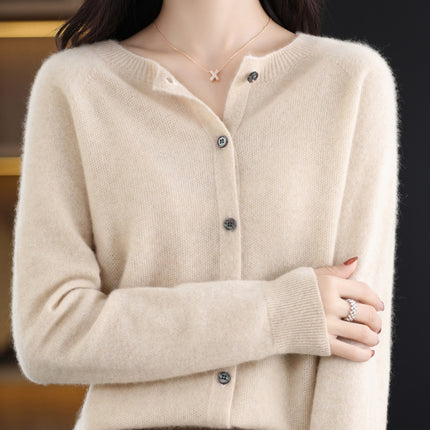 2024 Round-Neck Autumn and Winter Women's Cardigan Sweater Coat 100% Wool Loose Outerwear Versatile Knit Wool