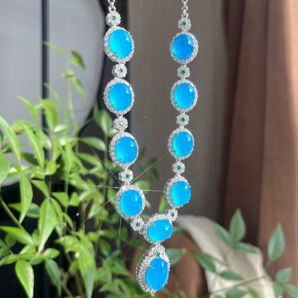 Chinese Style Retro Natural Blue Chalcedony Necklace Evening Chain Ice Chalcedony Necklace Luxury Inlaid Green Chalcedony Four-Piece Set