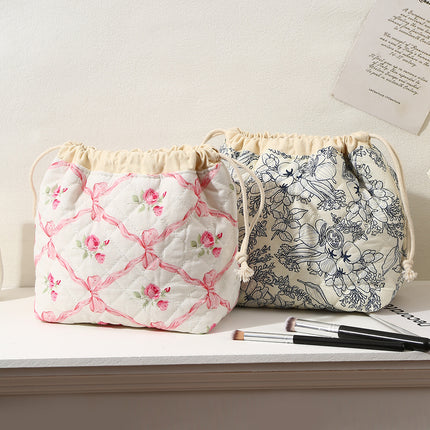 Cross-Border Makeup Brush Quilted Cosmetic Bag Large Capacity Tote Cosmetic Bag Fashionable Simple Korean Style Floral Storage Bag