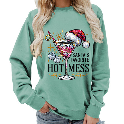 Amazon source hot mess wine glass printed round neck jacket sweater European size European and American women's coat long sleeve Asia