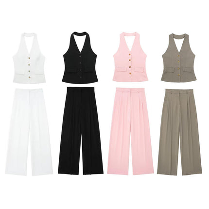 European and American Style Backless Collar Vest 8364532 Pleated Wide Leg Pants 8365532 Set White Top