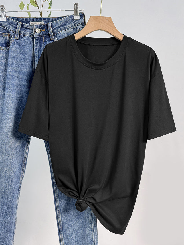 European and American Women's Casual Multi-Color Round Neck Short-Sleeved Light Version Simple Fashion Sports Top Pure Color Loose Light Board T-Shirt