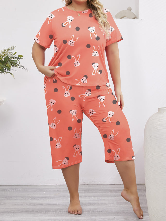 Foreign trade wholesale plus size pajamas women's spring and summer cropped pants short sleeve thin simple outer wear home clothing suit