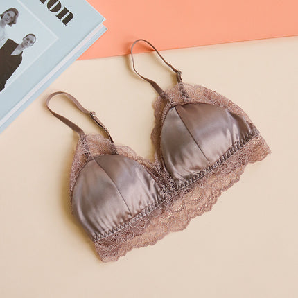 Guolian Traceless Silk Mulberry Silk Underwear Women's Thin Triangle Cup Large Chest Small Sleeping No-Rings Bra