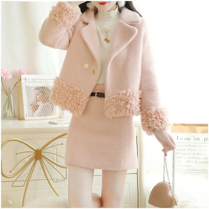 Winter New Wool suit Women's Thickened Lambskin Coat Fashion Skirt suit Skirt Elegant Two-piece Set