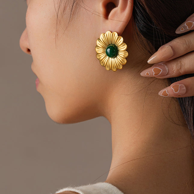 Sunflower stainless steel tiger eye stone female earrings Europe and the United States cross-border titanium steel 18k gold earrings high sense flower earrings