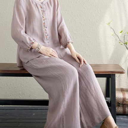 plus size Spring Dress Women's New Chinese Cotton and Linen suit Mother Western Style National Style Embroidered Top Fashion Casual Two-piece Set