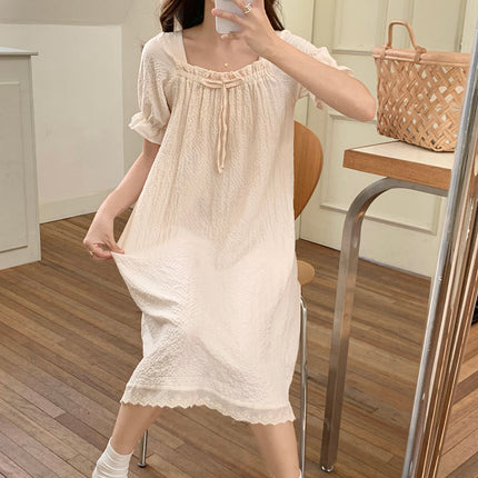 2024 Summer New Style Pajamas with Chest Pad Women's Bubble Cotton Short-Sleeved Nightgown Home Wear Sweet and Cute Outer Wear