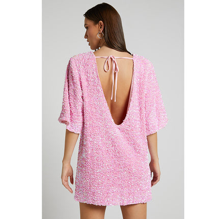 European and American cross-border autumn and winter New velvet sequins fashion elegant back V-neck backless short sleeve dress