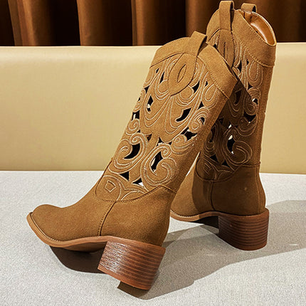Retro Western Cowboy Boots Thick Heel Embroidered Cave Knight Boots Retro Large and Small Size Breathable Women's Boots Pointed Toe Boots