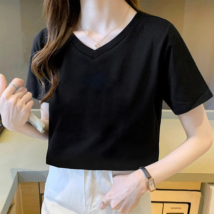 White Short T-Shirt Women's Short-Sleeved V Neck Loose Crop Top Summer New Half-Sleeved Pure Cotton Women's T-Shirt Clothes