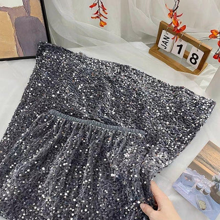 plus size French Style Retro Pearlescent Glittering Sequin Skirt Women's Spring and Autumn Draping Hip A- Line Long Skirt chubby girl Skirt