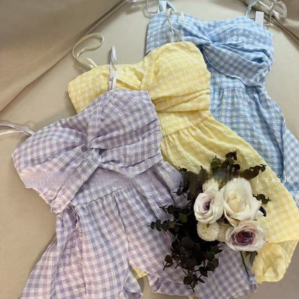 Celebrity Style Irregular Plaid Suspender Top with Bow, Mid-Length Outer Wear and Versatile Tube Top