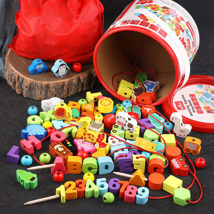 Children's wooden puzzle beaded large particle building block toy animal fruit string beaded puzzle toy 0-3