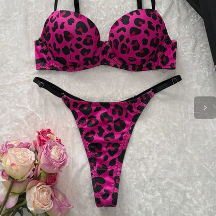 European and American Cross-Border Leopard Print Sexy Bra Thong Set Comfortable Push-Up Underwear Set