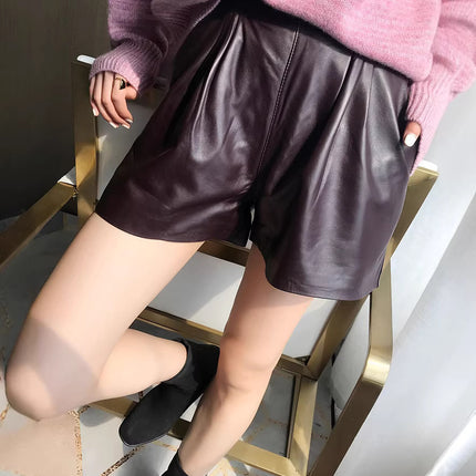 Cool Lambskin Straight-Leg Shorts in Dark Burgundy Sheepskin with Semi-Elastic Waist, Pleated Pockets, Casual Genuine Sheepskin Boot Shorts
