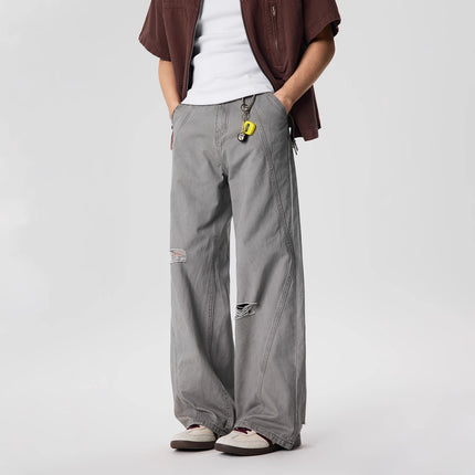 Jiamu American Retro Washed Vintage Trendy Loose Straight Slim Casual Ripped Wide-Leg Unisex Long Pants for Men and Women