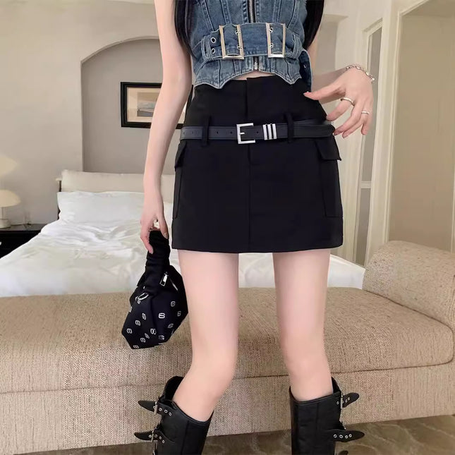 European and American Spice Girl High Waist Short Skirt Hip Skirt Belt Decorative Pocket Workwear Anti-Drain Safety Pants Small Skirt