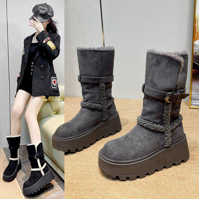 Fur Integrated Snow Boots for Women 2025 New Belt Buckle Thick Heel Thick Sole Fashion Mid-Calf Boots Foldable Two-Wear Women's Boots