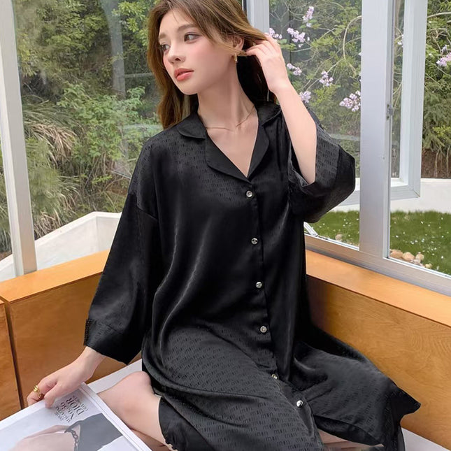 Summer New Style Ice Silk Nightgown for Women, High-End Jacquard Loose Shirt Dress, Long Pure Desire Internet Celebrity Loungewear
