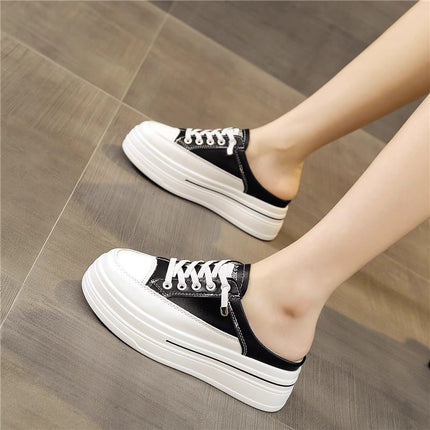 White Shoes with Toe Caps and Half Slippers for Women with Thick Soles and Inner Heightening 2025 Summer New Style, Fashionable and Versatile for Lazy People to Wear Outside and Casual