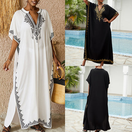 New Style Rayon Loose-Fitting Plus-Size Vacation Beach Cover-Up with Stand Collar, Long Dress for Women, Bikini Cover-Up, Swimsuit Outerwear