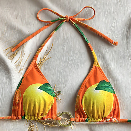 Bikini Three-Piece Swimsuit Vacation Style Sexy Printed Backless Halter Neck Tie Swimsuit Split Bikini Set