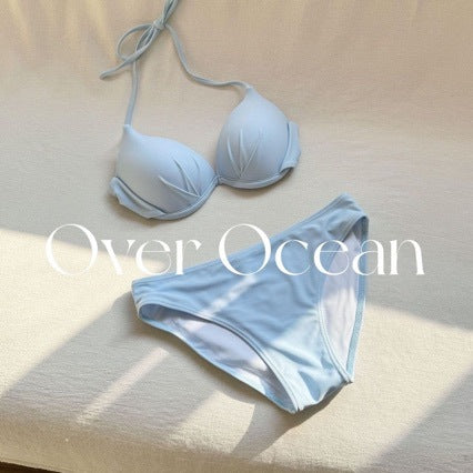 Source manufacturers blue beautiful hot spring seaside vacation swimsuit new bikini swimsuit women's knitted long sleeve blouse