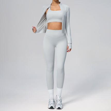 Cross-Border New Tight-Fitting Yoga Clothing Suit Women's Cardigan Running Sportswear Suit Quick-Drying Fitness Clothing Three-Piece Set