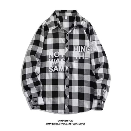 Letter printed plaid shirt men's spring and summer fast hand online celebrity same slim-fit long sleeve shirt thin coat fashion
