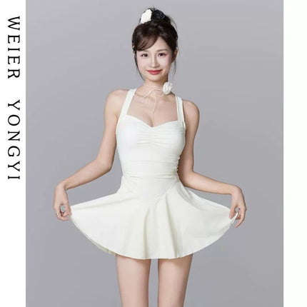 Fairy-Style Swimsuit for Women, High-End One-Piece Skirt Style, Conservative Belly-Covering, Waist-Slimming, Push-Up, Seaside Vacation, Hot Spring Bathing